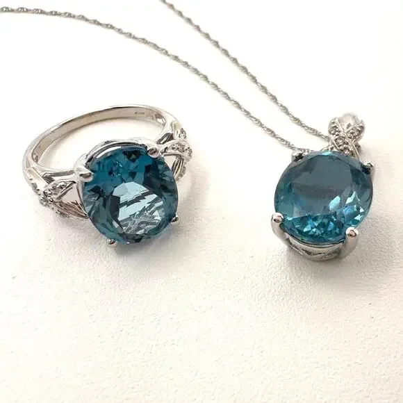 John C Rinker Blue Topaz 18K White Gold Pendant Necklace and Ring w Diamonds